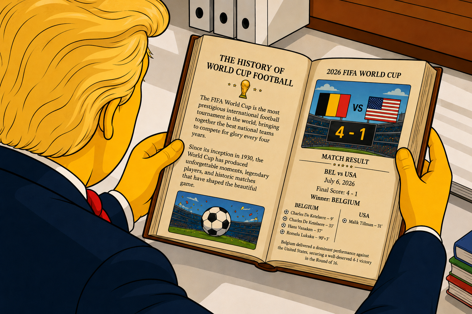 Een blonde figuur in pak bladert in een World Cup History-boek en komt bij de pagina met België 4 - 1 VS, juli 2026.