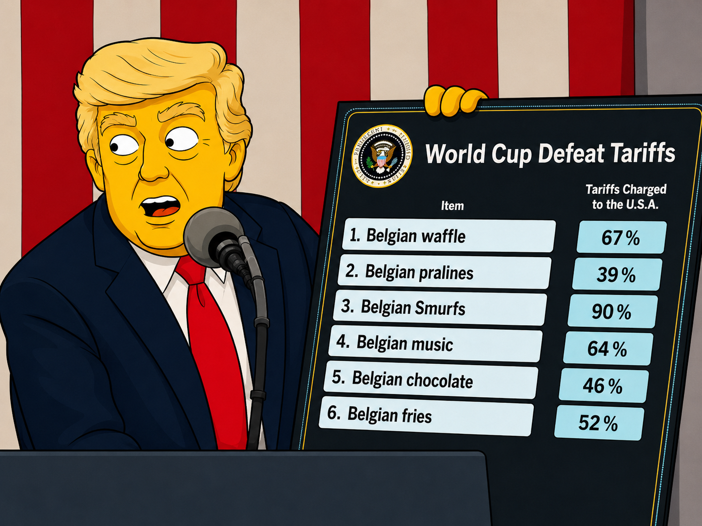 Cartoon Trump with World Cup Defeat Tariffs board